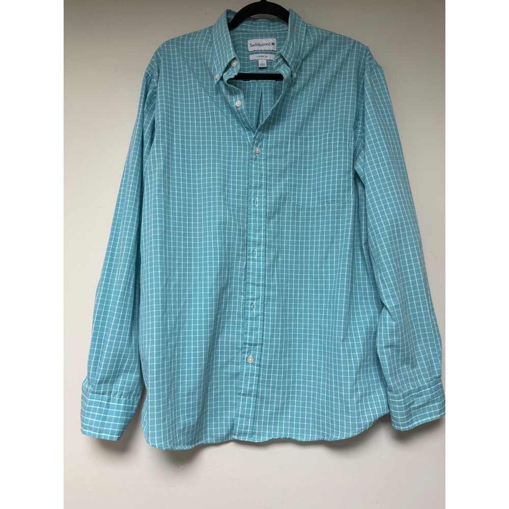 Saddlebred Button Down Shirt Mens Large Teal White Classic Fit Grid Pattern Long